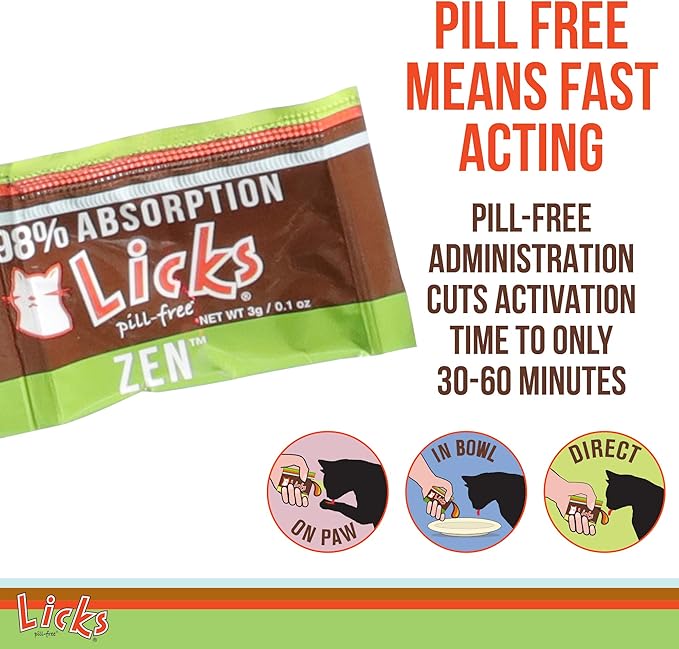 Licks Pill-Free Zen Cat Calming - Natural Calming Aid for Aggressive Behavior &amp; Nervousness - Cat Treats for Stress Relief &amp; Health - Gel Packets - 30 Use