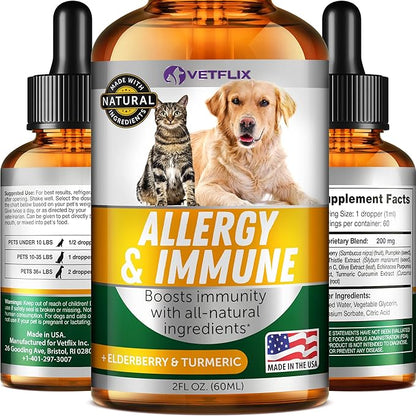 Allergy Immune Anti Itch &amp; Hot Spots - Made in USA Natural Pet Supplement for Cat &amp; Dog Allergy Relief with Turmeric &amp; Milk Thistle -Seasonal Allergies Digestive Treatment for Dogs &amp; Cats - 2 Fl Oz