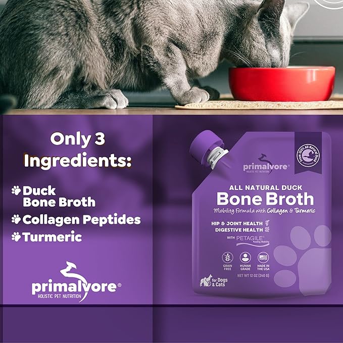 Primalvore All-Natural Duck Bone Broth for Dogs &amp;Cats, Mobility Formula w/Collagen Peptides Supports Hip &amp; Joints, Digestion, Skin&amp;Coat and Hydration, Grain Free, Human Grade, Made in USA. Duck 2 Pack