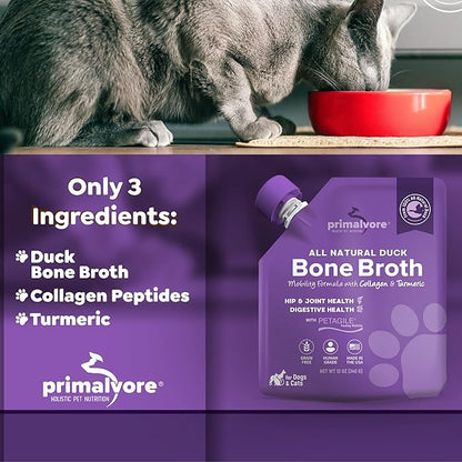Primalvore All-Natural Duck Bone Broth for Dogs &amp;Cats, Mobility Formula w/Collagen Peptides Supports Hip &amp; Joints, Digestion, Skin&amp;Coat and Hydration, Grain Free, Human Grade, Made in USA. Duck 2 Pack