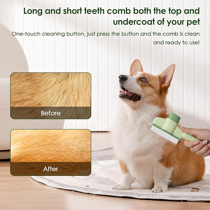 Flea Comb for Cat Hair Removal Comb, 2025 New Self-Cleaning Flea Brush for Cats and Dog, Comfort Cat Hair Removal Tool with Long &amp; Short Stainless Steel Metal Grooming Brush(Green)