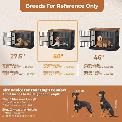 VOPEAK 40" Dog Crate Furniture, Chew Resistant Dog Crate for Dogs, Heavy Duty Dog Crates Dog Kennel Cage Indoor with Double Doors, End Table for Bedroom Living Room, Black