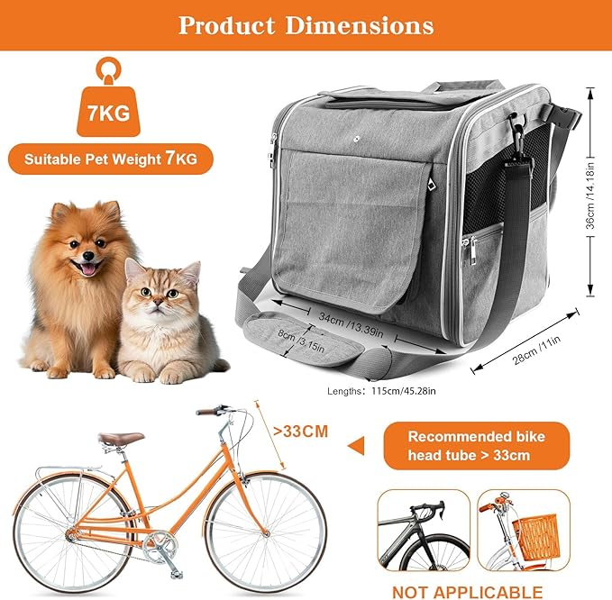 Xixter Dog Basket for Bike, Suitable for Small &amp; Medium Pet Up to 7 kg, Foldable 4-in-1 Pet Bike Basket, Crossbody, Shoulder and Car Seat, with Sturdy Bracket and 4 Mesh Windows, Gray