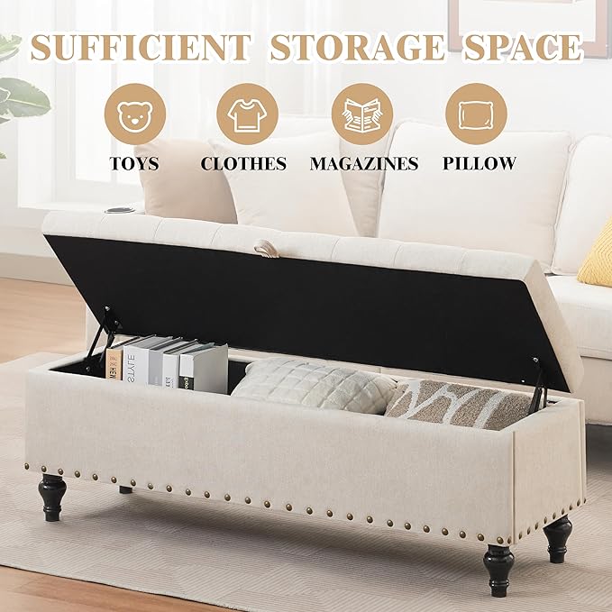 Mangodan51” Linen End of Bed Storage Bench, Tufetd Upholstered Storage Ottoman Bench with Safety Hinge, 330 lb Large Ottoman with Storages for Living Room, Entryway &amp; Bedroom, Window Benches, Beige