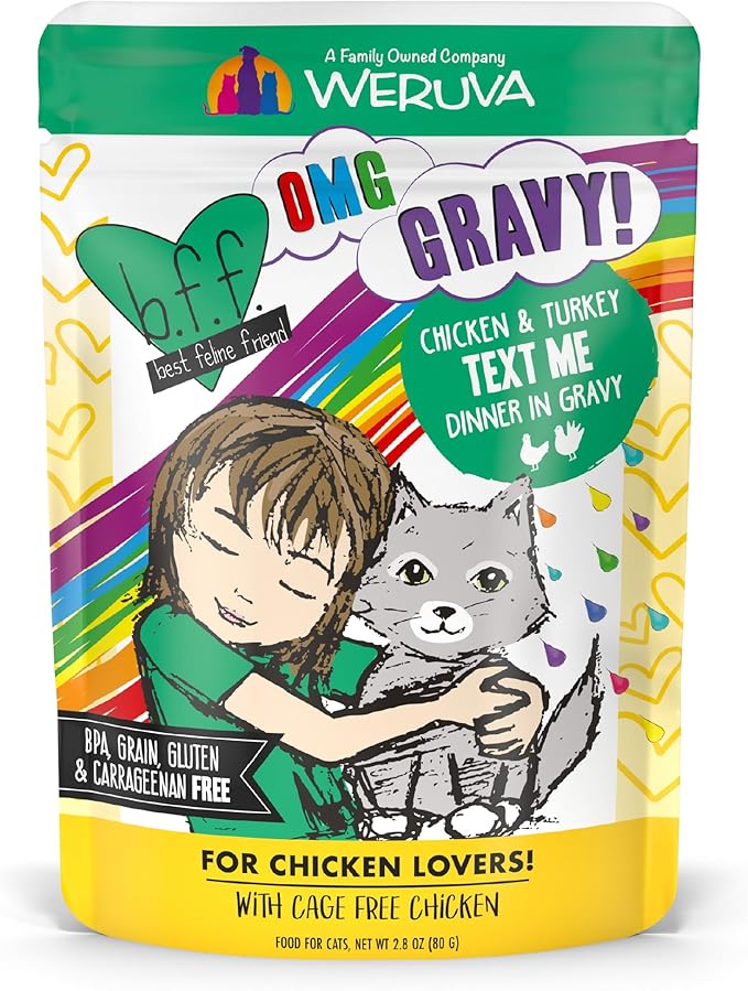 Weruva B.F.F. OMG - Best Feline Friend Oh My Gravy!, Chicken &amp; Turkey Text Me with Chicken &amp; Turkey in Gravy, 2.8oz Pouch (Pack of 12)