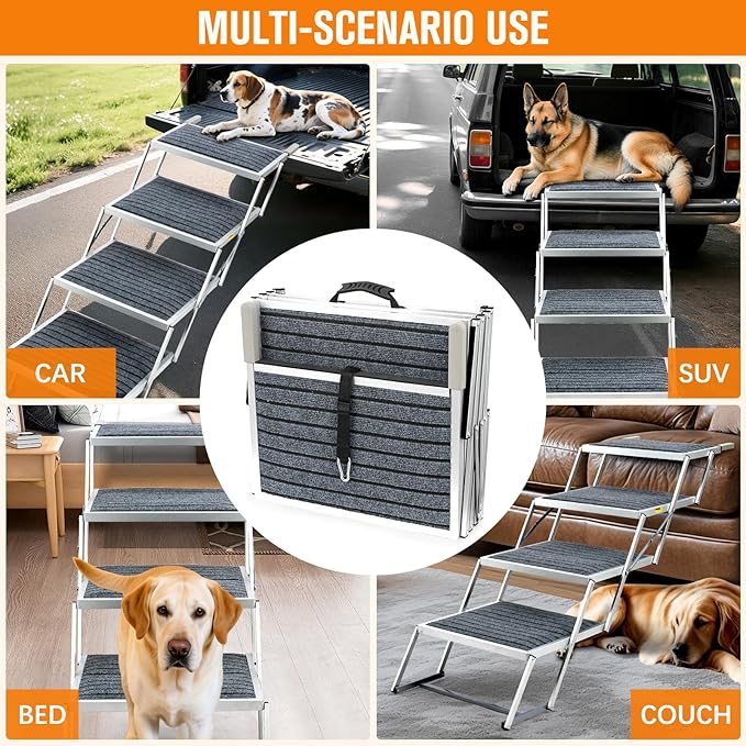 20" Extra Wide Dog Ramp, 4-Step Foldable Pet Stairs with Non-Slip Carpet - Lightweight Aluminum for SUV/Truck/Car &amp; High Beds - Supports Large Dogs up to 200Lbs