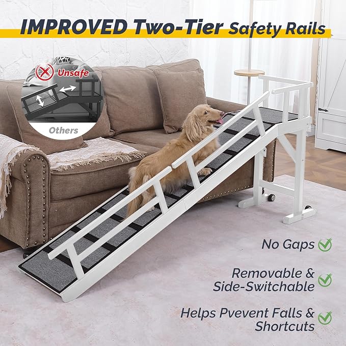 Dog Ramp for Bed or Couch, Wooden Pet Ramp with 20° Gentle Slope, Removable Side Rails, Non-Slip Surface, Top Platform &amp; Wheels, Safe Bed Ramp for Small, Medium &amp; Senior Dogs, 74" Long, White