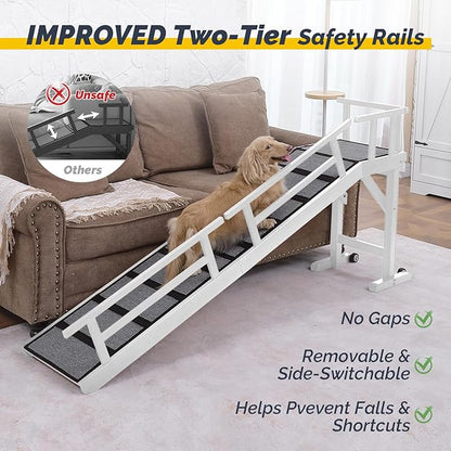 Dog Ramp for Bed or Couch, Wooden Pet Ramp with 20° Gentle Slope, Removable Side Rails, Non-Slip Surface, Top Platform &amp; Wheels, Safe Bed Ramp for Small, Medium &amp; Senior Dogs, 74" Long, White