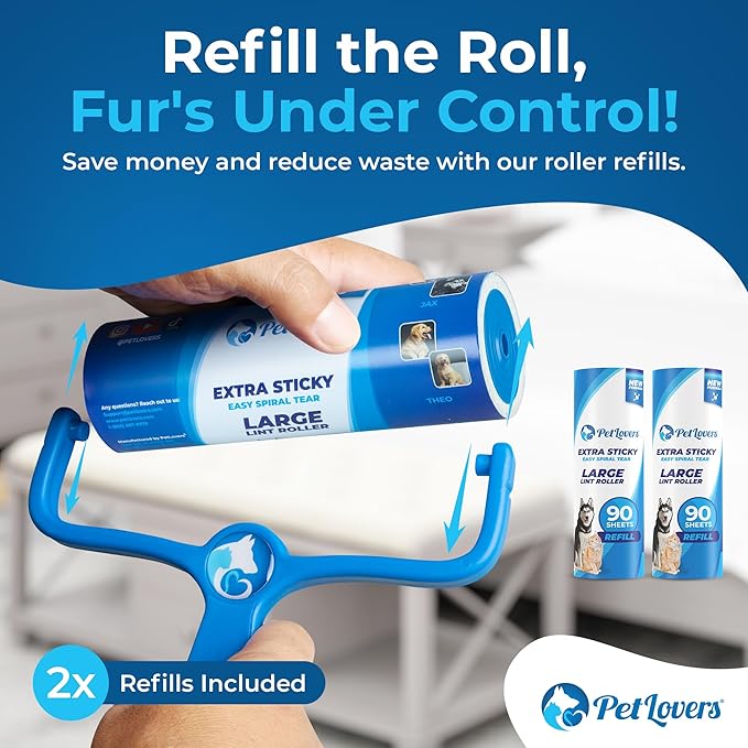 PetLovers 6.3" Large Lint Roller for Pet Hair Extra Sticky 270 Sheets, Ideal for Pet Hair Removal from Furniture &amp; Clothes, Dog and Cat Lint Remover 3 Pack