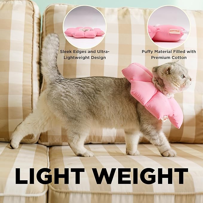 Puffy Crew Soft Cat Cone Collar, Adjustable Waterproof Recovery Collar, Lightweight Elizabethan e Collar for Cats of All Breeds (Pink, Large, Neck Circumference 7.8&