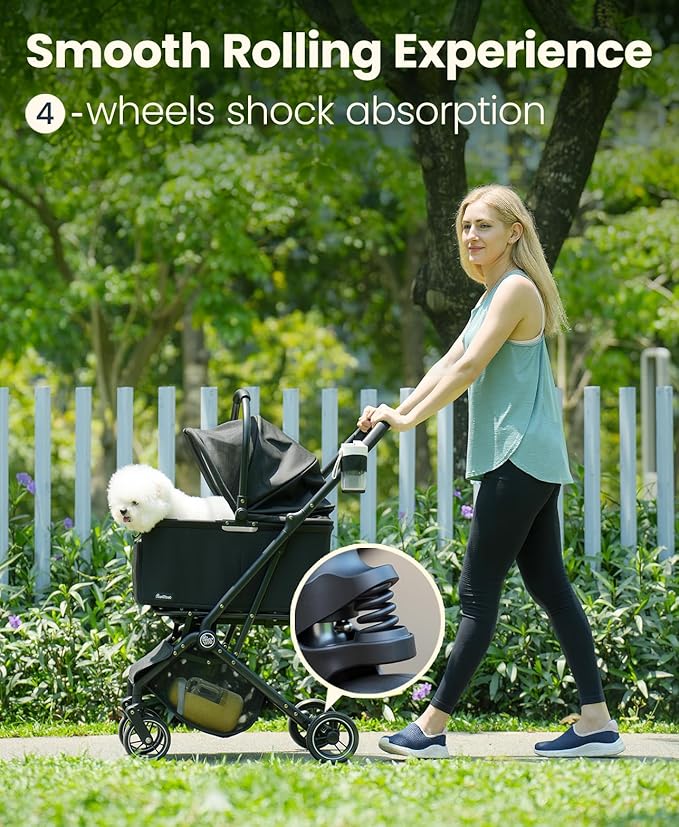 4 Wheels Pet Stroller, Dog Stroller for Small/Medium Dogs and Cats up to 33 lbs, One-Click Fold &amp; Draggable, Removable Carrier, Zipperless Entry, Mesh Windows, Black