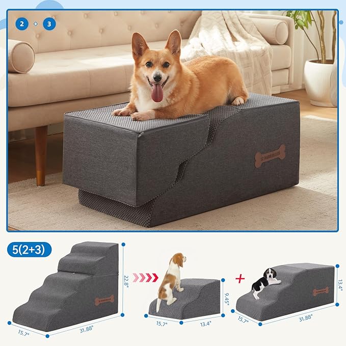 5-Step Spliceable Pet Stairs: Indoor&amp; Outdoor Multi-Use with a Removable Cover and a Pocket, Best for Small Pets and Older Dogs Who Has Spine and Arthritis Issues to Get on High Beds, Grey（22.8" H