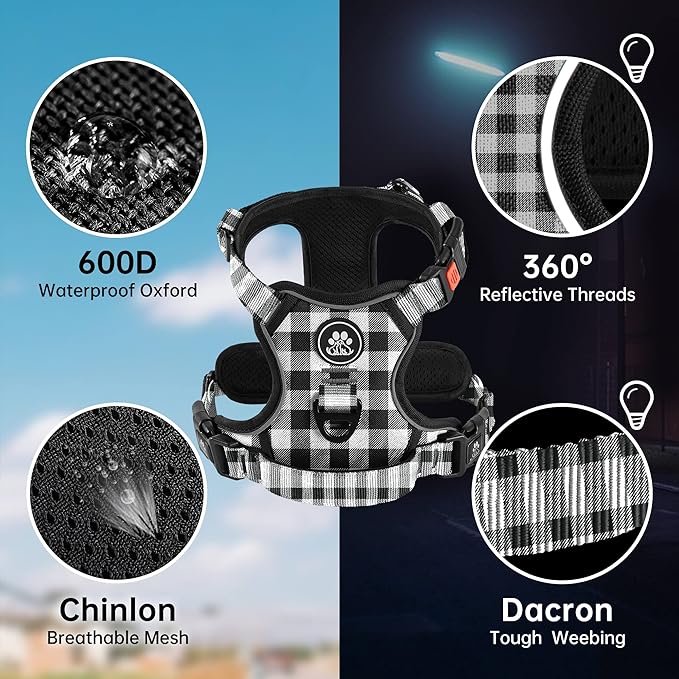 NESTROAD Dog Harness (Checkered Black,S) with Leash, Reflective, Adjustable, Soft Padded, Easy Control Handle, for Small Dogs, Front &amp; Rear Clip Design