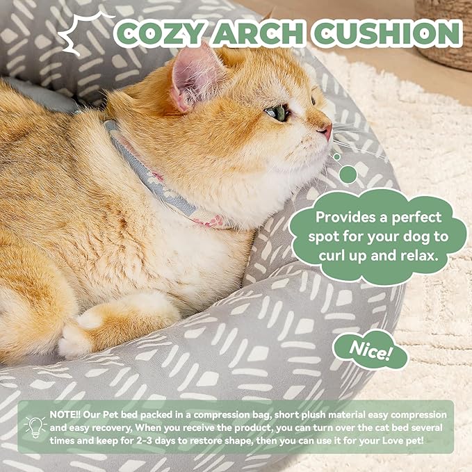 Cat Bed, 20In Dog Beds for Small Dogs, Calming Cat &amp; Dog Beds for Indoor Pets, Pet Beds Comfortable Donut Round Ultra Soft (Grey Pattern, 20.0" L x 20.0" W x 6.5" Th)