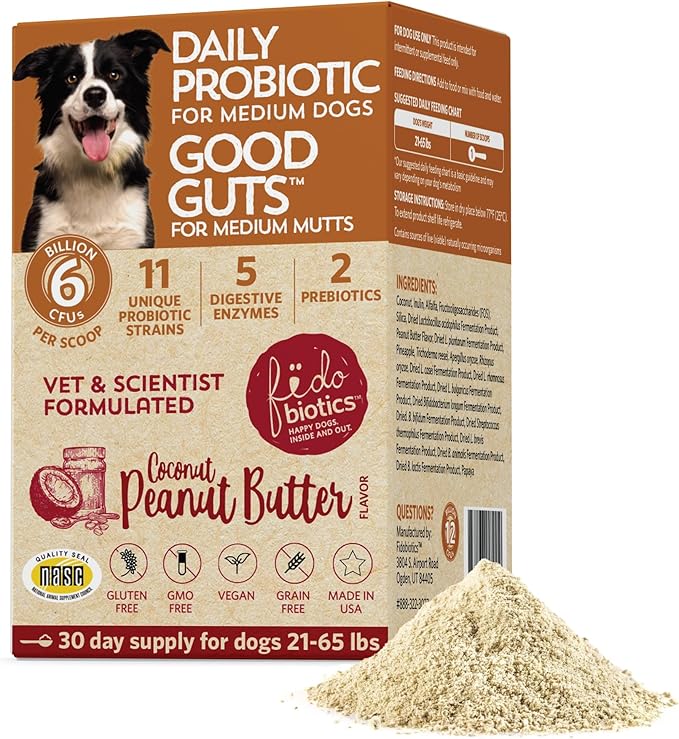 Fidobiotics Good Guts for Medium Mutts Probiotic for Dogs, 6 Billion CFUs, 11 Strains, 5 Digestive Enzymes, 2 Prebiotics, Digestive Gut Health for Dogs, Adult &amp; Puppy Probiotics Supplements (30 Days)