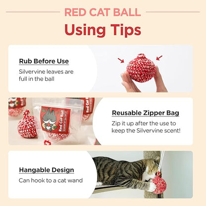 JAYU PET Red Cat Ball [W/O Bell Version] - Handmade Silvervine Cat Toy with Catnip, Interactive Matatabi Ball for Indoor Cats &amp; Kittens, Feline Play Toy &amp; Gift (2.7 inch)