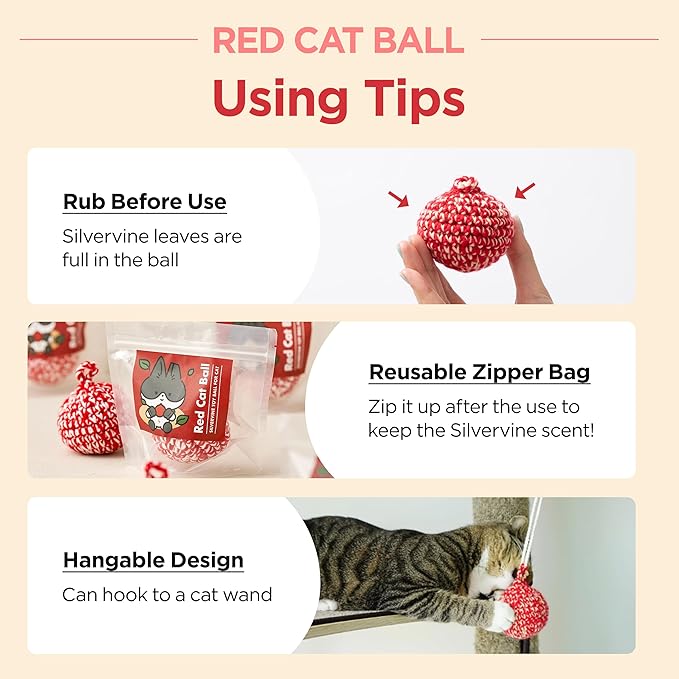 JAYU PET Red Cat Ball [W/Bell Version] - Handmade Silvervine Cat Toy with Catnip, Interactive Matatabi Ball for Indoor Cats &amp; Kittens, Feline Play Toy &amp; Gift (2.7 inch)