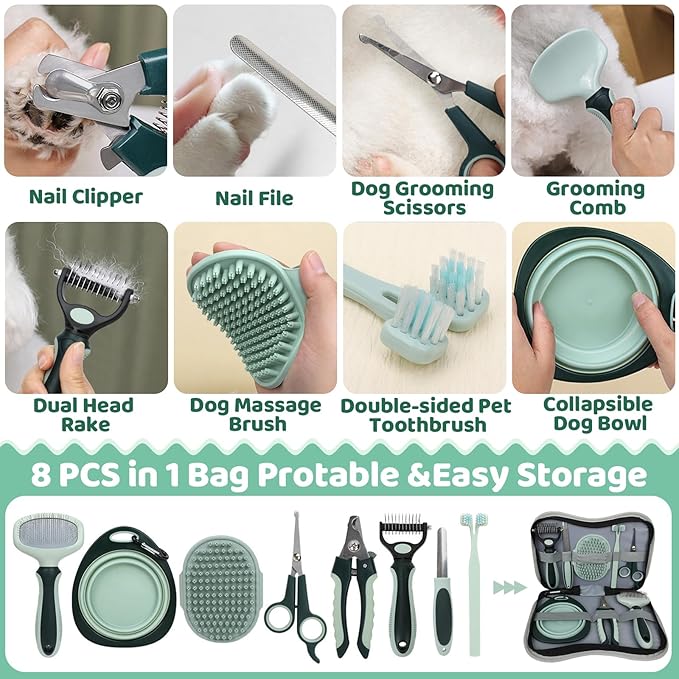 8-in-1 Pet Grooming Kit for Dogs &amp; Cats - Includes Slicker Brush, Nail Clippers, Comb, Scissors, Toothbrush &amp; Collapsible Bowl - Deshedding, Hair Trimming &amp; Care Set, Travel Bag