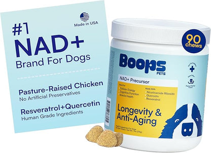 NAD+ Precursor &amp; Senior Dog Supplement - 90 Soft Chews &amp; Vitamins - NMN Alternative for Longevity, Anti-Aging &amp; Energy - Nicotinamide Riboside, Resveratrol, Quercetin, Made with Pasture-Raised Chicken