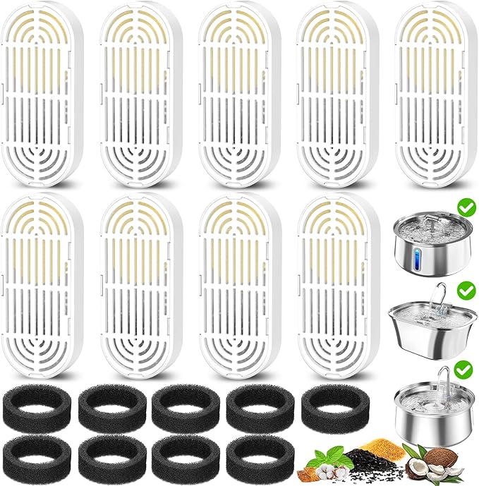 Cat Water Fountain Filters for 108/3.2L&amp; 4L/134oz Stainless Steel Pet Water Dispenser Fountain Filters (6 Filters&amp; 6Sponges) (9 Filters&amp; 9 Sponges)
