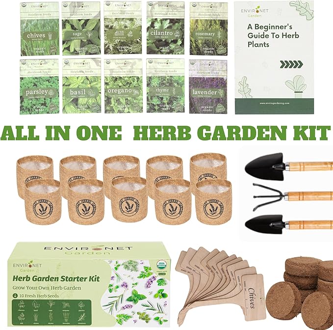 10 Indoor Herb Garden Kit- Burlap Pots, Organic Seeds, Herb Garden Planter Indoor Kit, Easy Window &amp; Kitchen Herbs Growing Kit, Cilantro, Basil, Sage, Oregano, Parsley, Dill, Chives etc.