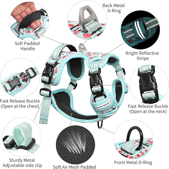 Timos No Pull Dog Harness, Release at Neck Reflective 3 Snap Buckles Adjustable No Choke Pet Vest with Front &amp; Back 2 Leash Clips, Soft Padded Control Training Handle for Small Medium Large Dogs