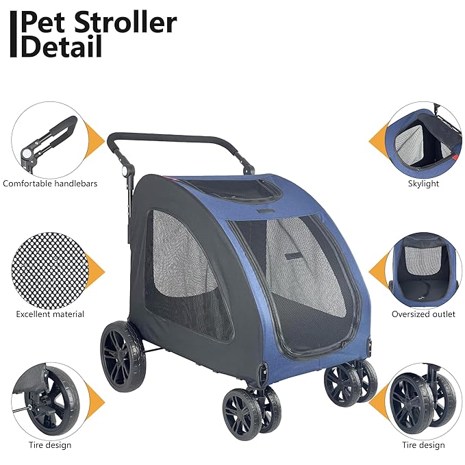 Extra Large Dog Stroller for Medium &amp; Large Pets - Foldable Design, Adjustable Handle, Up to 130 lbs(Blue)
