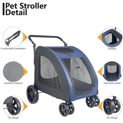 Extra Large Dog Stroller for Medium &amp; Large Pets - Foldable Design, Adjustable Handle, Up to 130 lbs(Blue)