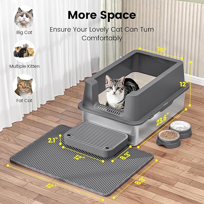 Stainless Steel Cat Litter Box - Enclosed XL Metal Kitty Litter Box with Lid for Big Cats, High Sided, Anti-Leakage, Easy Cleaning, Non-Sticky, Included Litter Mat, Cat Bowl &amp; Spoon