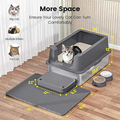 Stainless Steel Cat Litter Box - Enclosed XL Metal Kitty Litter Box with Lid for Big Cats, High Sided, Anti-Leakage, Easy Cleaning, Non-Sticky, Included Litter Mat, Cat Bowl &amp; Spoon