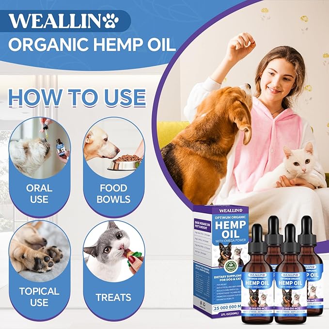 Hemp Oil for Dogs and Cats - Omega-3, 6, 9 Rich Organic Extract - Eases Pet Anxiety, Pain, Skin &amp; Coat Health - Stress Relief, Hip &amp; Joint Support - Calming Treats (4 Pack)
