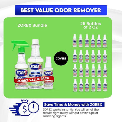 ZORBX Unscented Multipurpose Odor Eliminator Value Pack 2 Oz + 16 Oz + 32 Oz - Used in Hospitals &amp; Healthcare Facilities - Advanced Trusted Formula - Perfect Bundle to Get Rid of Unpleasant Odors