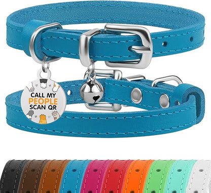 BRONZEDOG Leather Cat Collar with Removable Bells Non Breakaway Kitten QR Tag for Girl Boy (7" - 9" for Cats, Blue &amp; Silver)