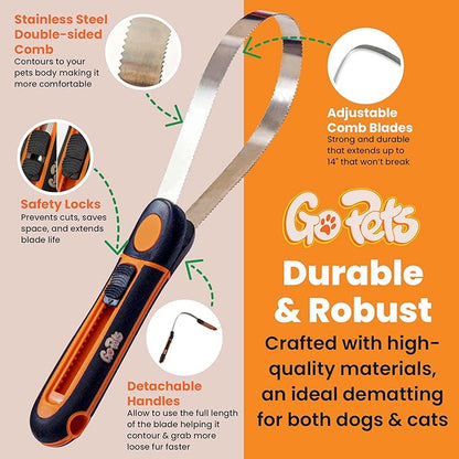 GoPets Deshedding Blade Rake, Adjustable Professional Dematting Grooming Tool, Stainless Steel Blades, Fur Removal Comb for Shedding, Comfortable Handle, Suitable for Cats &amp; Dogs