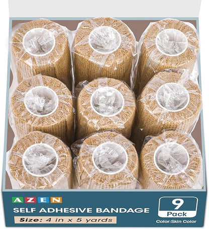 AZEN 9 Pack Self Adhesive Bandage Wrap, 4" X 5 Yards Elastic Cohesive Bandage Wrap, Skin Color Athletic Tape, Ankle Tape, Tattoo Grip Tape Wrap, Vet Wrap