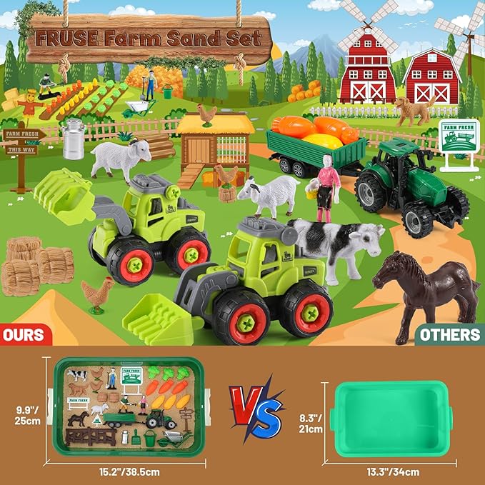 FRUSE Play Sand Farm Toys,Sensory Bins for Toddlers with 2.2lbs Sensory Play Sand,Farm Figures &amp; Tractor Playset,Sandbox Toys for Kids 3 4 5 6 7