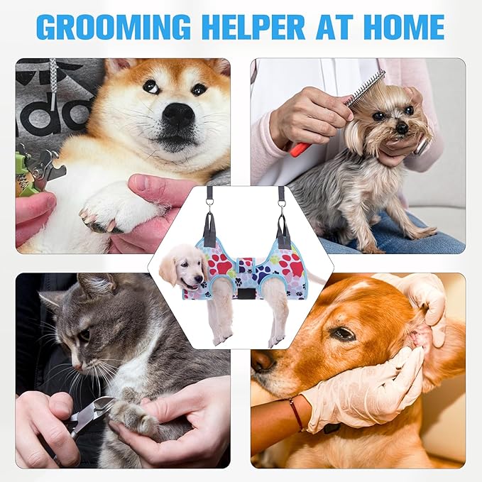 PAWCHIE Dog Grooming Hammock Harness for Dogs &amp; Cats with Pet Nail Clipper Trimmer - Cat Hanger Sling for Trimming Clipping Nails- Dog Hammock Restraint Bag for Small Medium Large Dog, Blue XS