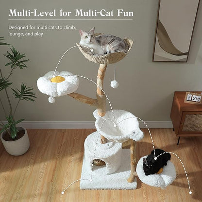 59" Modern Cat Tree Tower for Large Cats w/2 Flower Perches-Natural Solid Wood Scratching Post with Real Branch-Luxury Boho Cat Furniture w/Condo &amp; Wicker Basket Bed, Cloud White