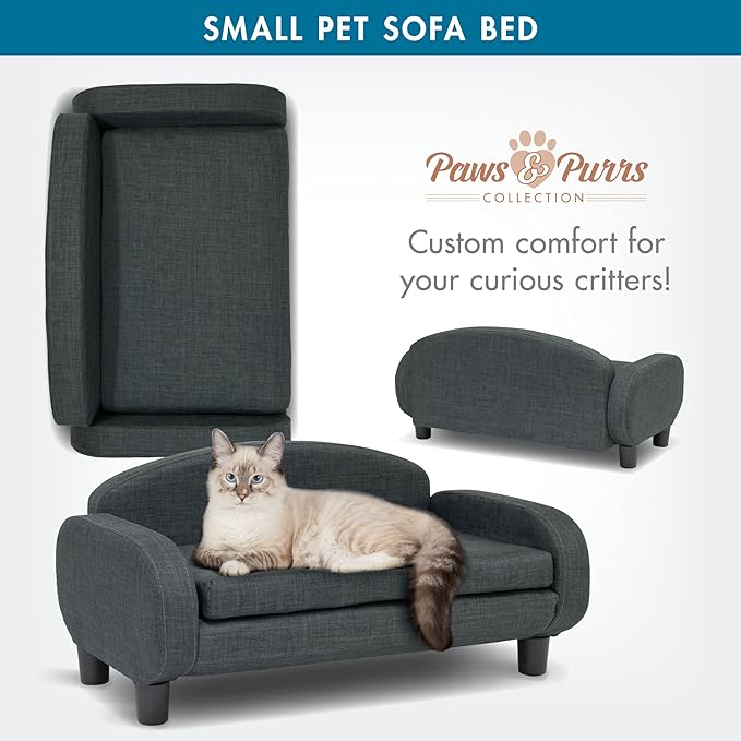 Paws &amp; Purrs Cat Sofa Bed, Pet Couch for Indoor Cats Elevated Cat Beds with Removable Washable Mattress Cover for Kitten, Puppy or Small Animal- 31.5" Wide, Gray