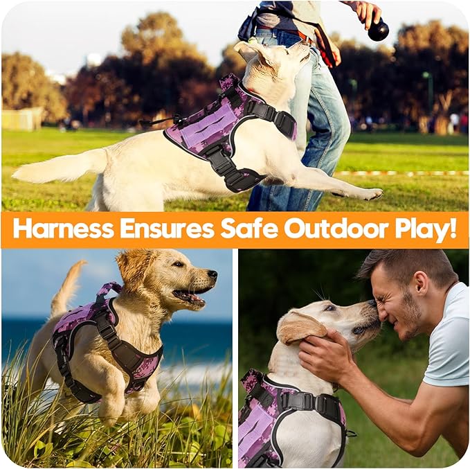 Heavy-Duty Tactical Dog Harness for Large Dogs, No Pull Adjustable Reflective Pet Vest with Molle System, K9 Military-Grade Control for Service Training, Outdoor &amp; 10+ Breeds, Purple Camo, Small