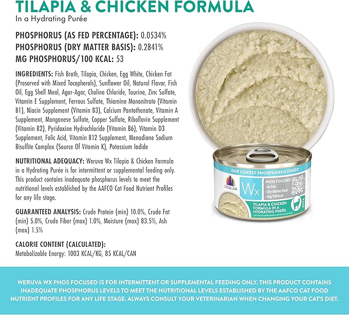 Weruva Wx Phos Focused, Tilapia &amp; Chicken Formula in a Hydrating purée, 3oz Can (Pack of 12)