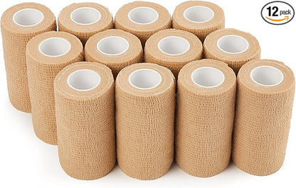 PHYTOP Self Adhesive Bandage Wrap 4 inches x 5 Yards, 12 Pack of Cohesive Tape for First Aid, Sports, Wrist and Ankle, Also for Horses &amp; Dogs as Vet Wrap (Beige)