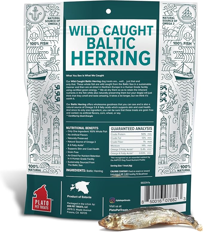 PLATO Pet Treats Fish Dog Treats - Air-Dried, Single Ingredient Dog Treat - with Omega 3 &amp; 6 Fatty Acids to Support Skin and Coat - 100% Whole Fish - Wild Caught Baltic Herring Dog Treats - 8.5 oz