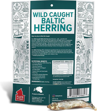 PLATO Pet Treats Fish Dog Treats - Air-Dried, Single Ingredient Dog Treat - with Omega 3 &amp; 6 Fatty Acids to Support Skin and Coat - 100% Whole Fish - Wild Caught Baltic Herring Dog Treats - 8.5 oz