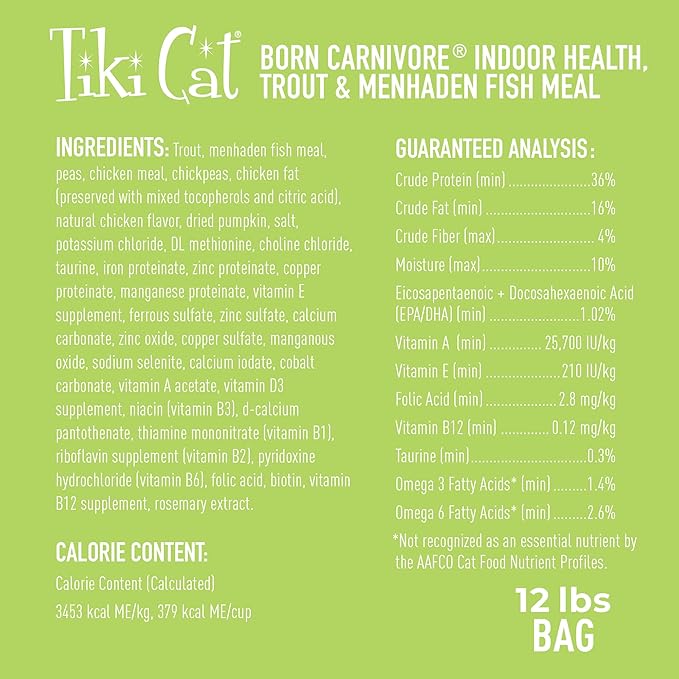 Tiki Cat Born Carnivore Indoor Health Dry Cat Food, Trout &amp; Menhaden Fish Meal, 12 lbs. Bag