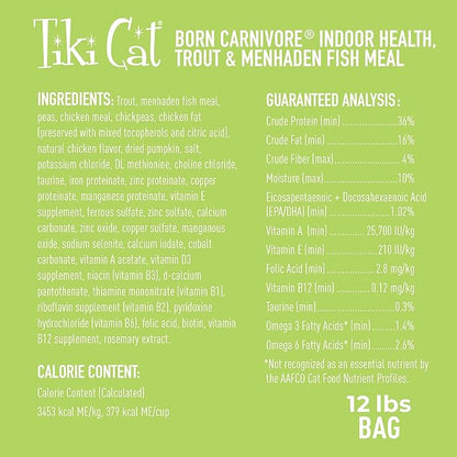 Tiki Cat Born Carnivore Indoor Health Dry Cat Food, Trout &amp; Menhaden Fish Meal, 12 lbs. Bag