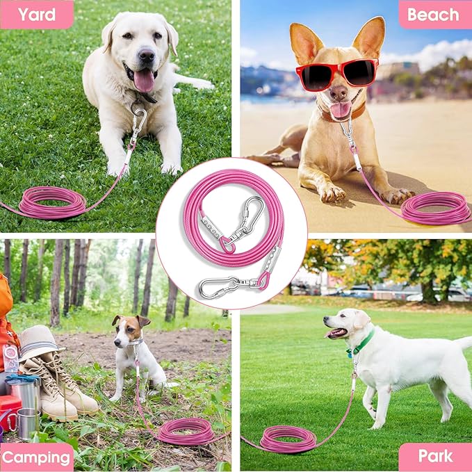 Dog Tie Out Cable for Outside,10FT Long Dog Leash&amp;Chains with Swivel Hook,Small-Large Dogs Runner Cable for Yard,Heavy Duty Dogs Lead Line for Outdoor and Camping (500lbs 10FT, Pink)