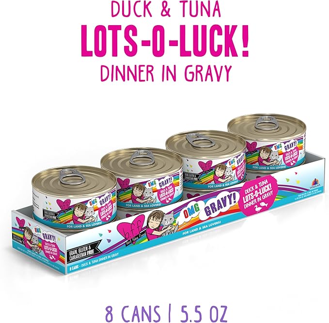 Weruva B.F.F. OMG - Best Feline Friend Oh My Gravy!, Lots-O-Luck! with Duck &amp; Tuna in Gravy Cat Food, 5.5oz Can (Pack of 8)