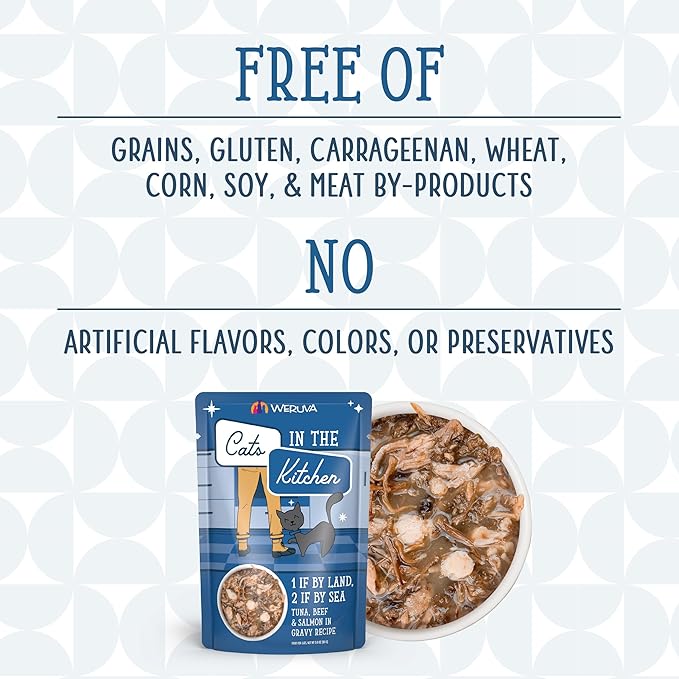 Weruva Cats in The Kitchen, 1 if by Land, 2 if by Sea with Tuna, Beef &amp; Salmon in Gravy Cat Food, 3oz Pouch (Pack of 12)