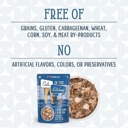 Weruva Cats in The Kitchen, 1 if by Land, 2 if by Sea with Tuna, Beef &amp; Salmon in Gravy Cat Food, 3oz Pouch (Pack of 12)